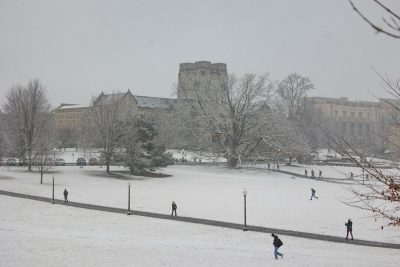 Snowfall on Virginia Tech's Drillfield